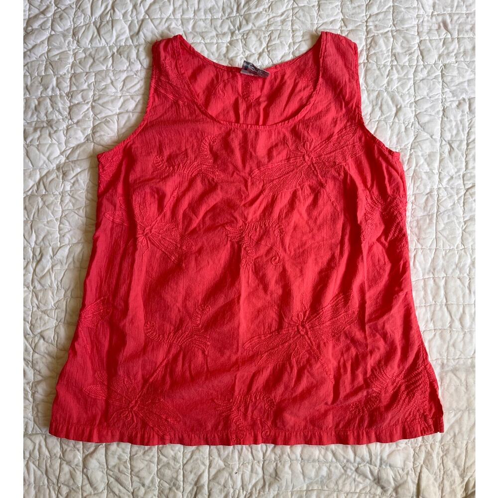 Cottonseed Casual Wear Dragonfly Embroidered Tank Top Small Coral